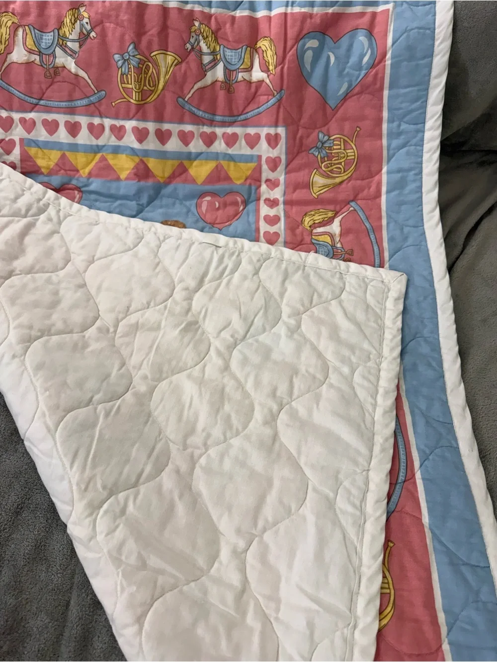 Stitched Teddy Bear Baby Quilt Blanket W/ Rocking Horses & Hearts - Vintage
